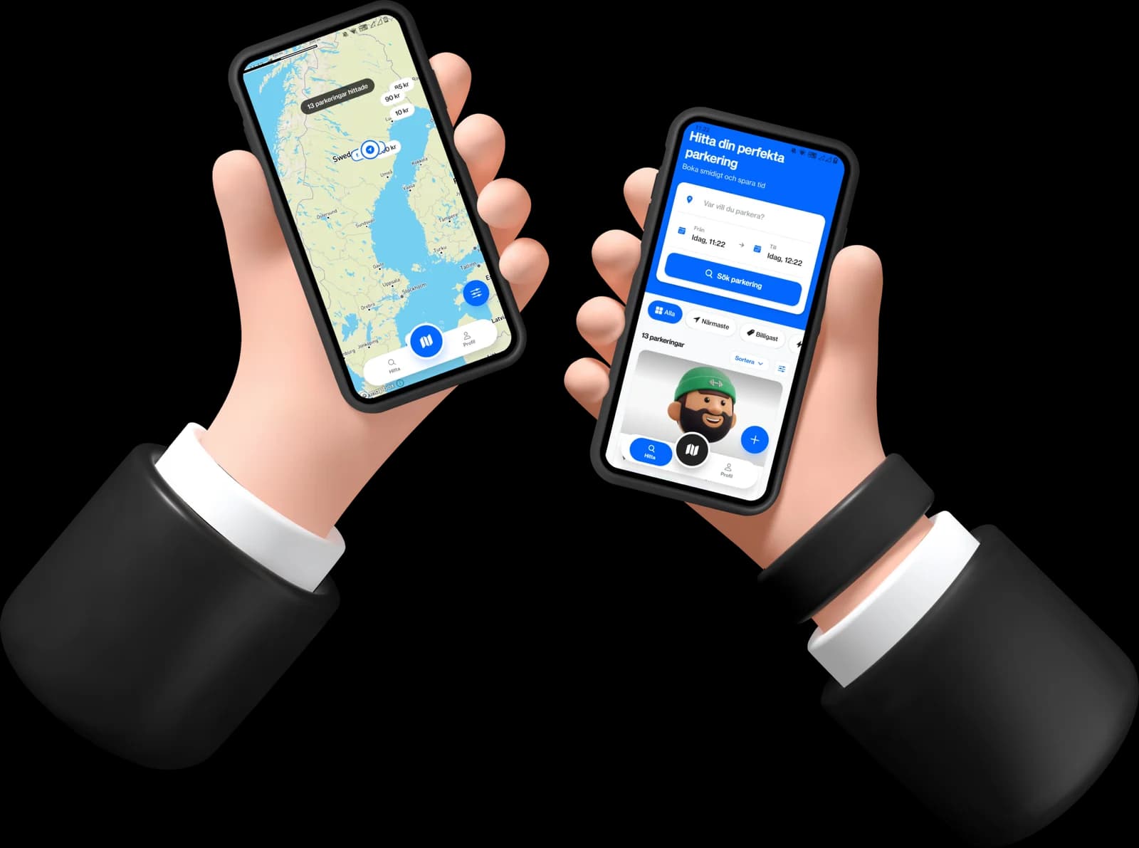 Två händer som håller telefoner med Parko-appen — karta och sökvy